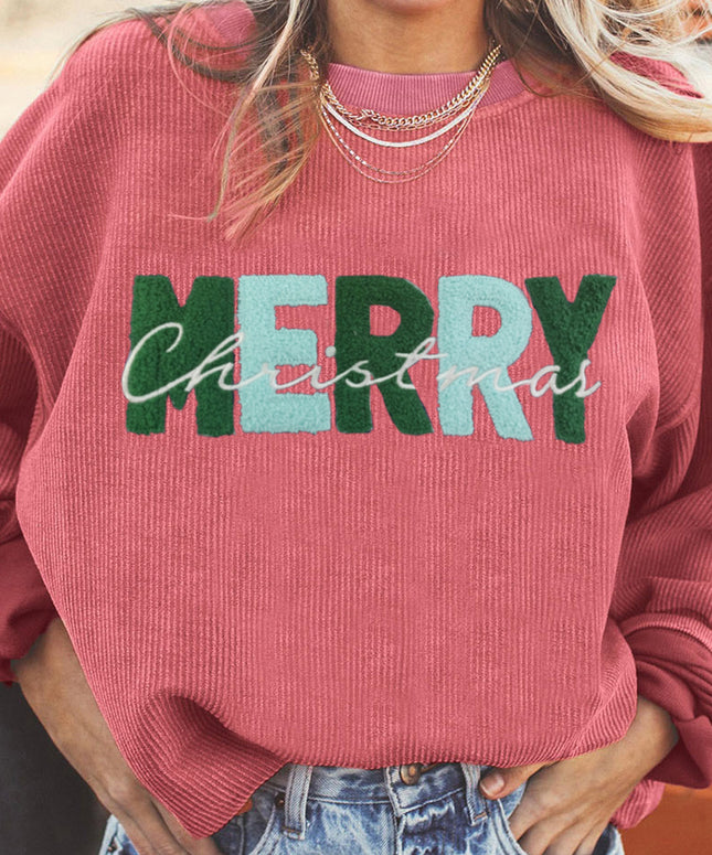 Strawberry Pink MERRY Christmas Chenille Embroidered Corded Sweatshirt