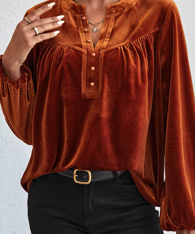 Gold Flame Lantern Sleeve Beaded Split V Neck Velvet Top
