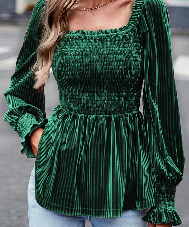 Blackish Green Smocked Ribbed Velvet Babydoll Top