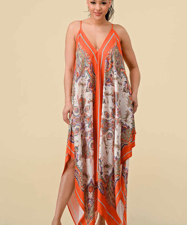 Spaghetti Strap Scarf Boarder Print Dress