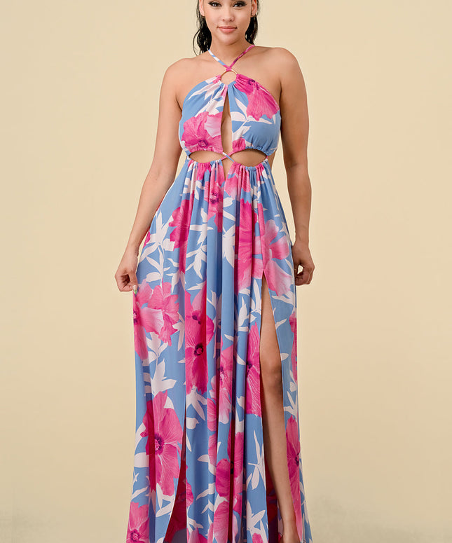 Long Halter Printed Slit Maxi Dress
