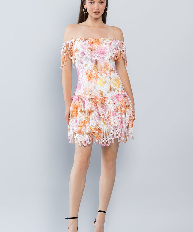 Short Off Shoulder Printed Lace Dress