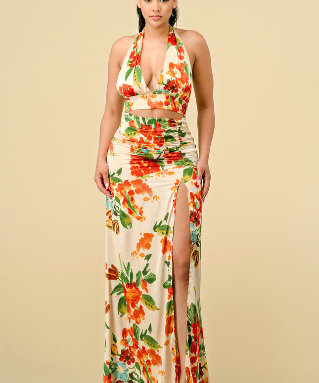 Long Halter Neck Printed Ruched Maxi Dress