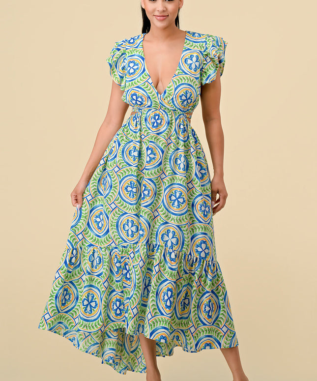 V Neck Waist Cutout Printed Midi Dress