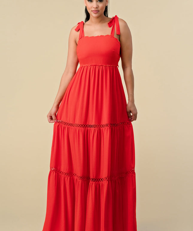 Long Shoulder Tie Scallop Maxi Dress