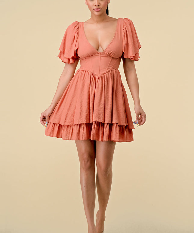 Short Ruffle Sleeve V Neck Mini Dress