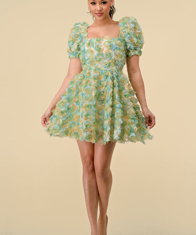 Short Puff Sleeve Chiffon 3D Flower Mini Dress