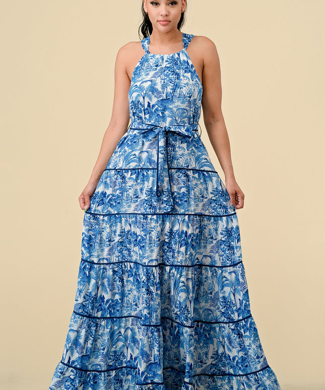 Long Halter Tiered Printed Maxi Dress