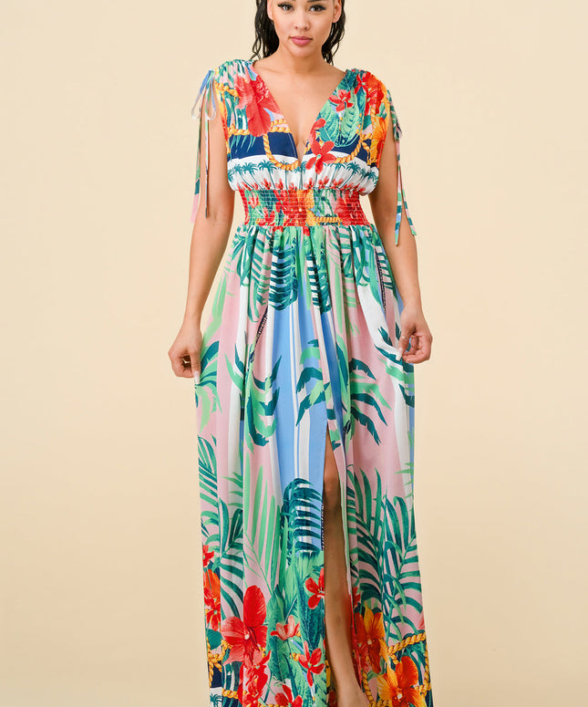 Long Cap Sleeve Tropical Print Maxi Dress