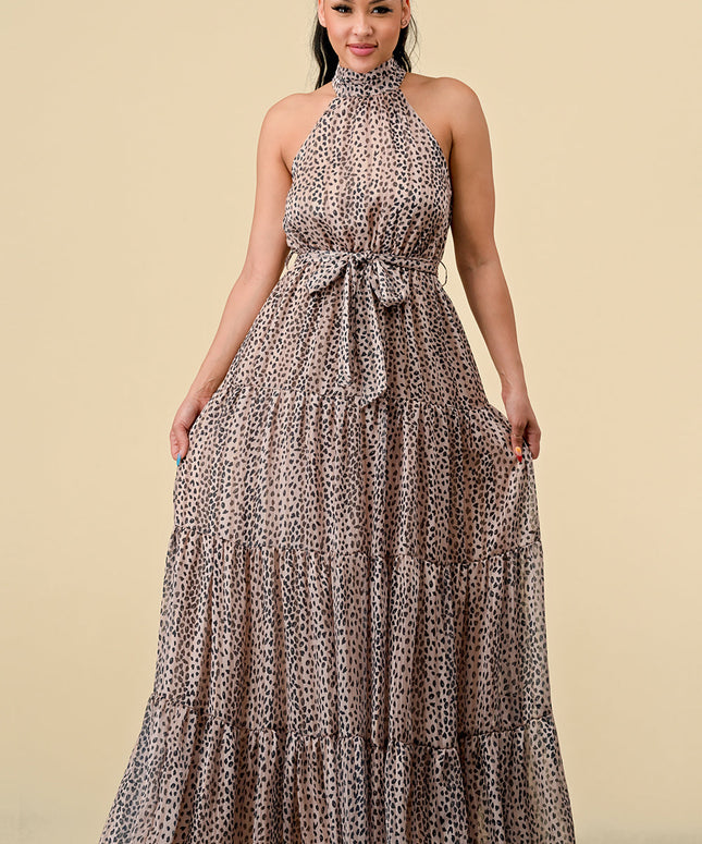 Long Halter Animal Print Tiered Maxi Dress