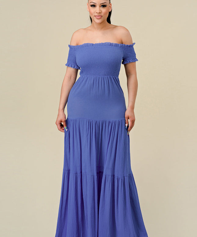 Long Off Shoulder Ruched Maxi Dress
