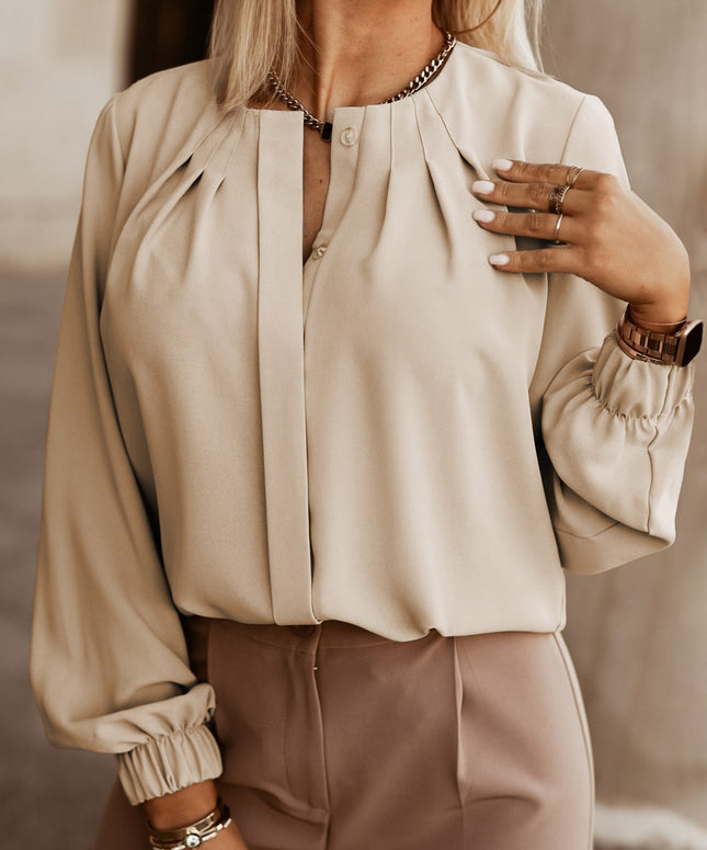 Khaki Crew Neck Gathered Stretch Cuff Shirt