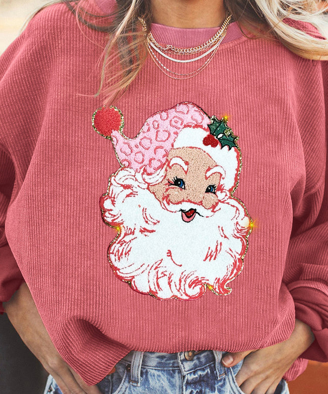 Strawberry Pink Santa Claus Sparkle Corded Crew Neck Sweatshirt