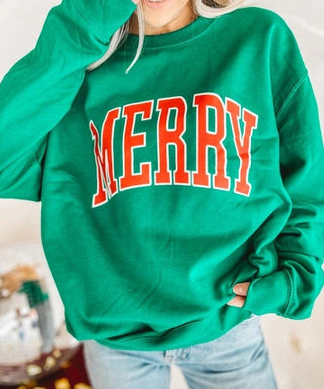 Bright Green MERRY Graphic Pullover Sweatshirt