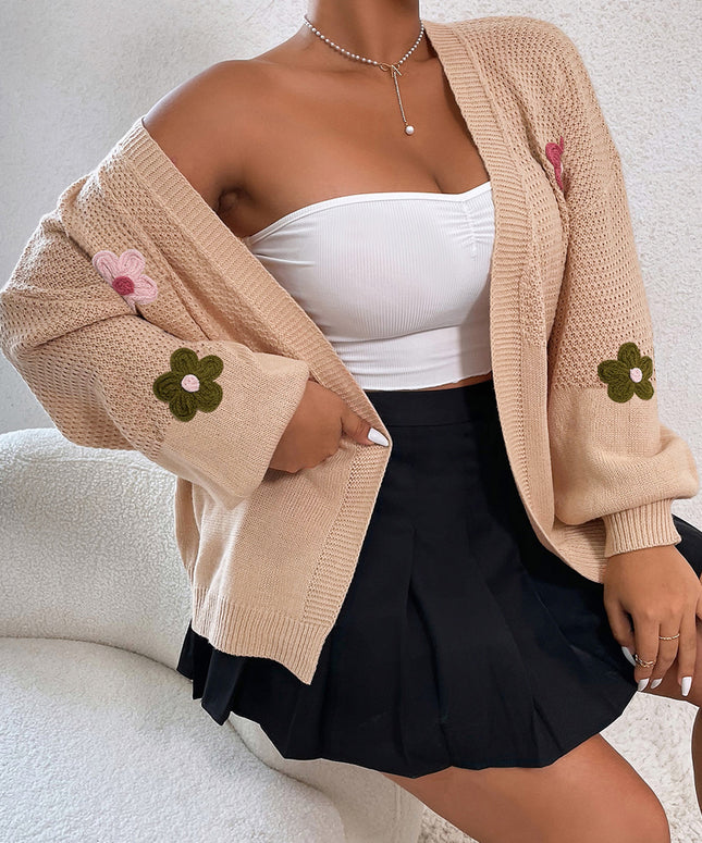 Smoke Gray Floral Applique Drop Shoulder Bubble Sleeve Cardigan