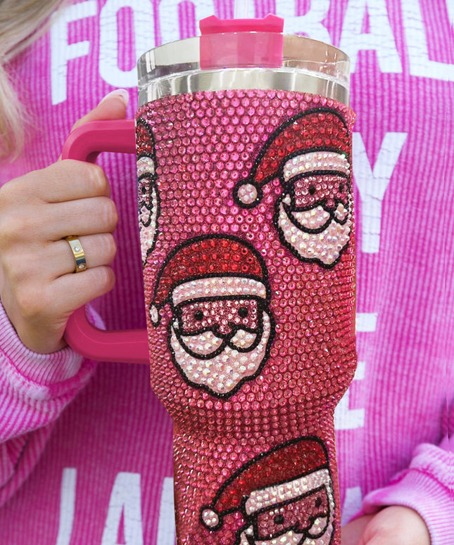 Rose Red Christmas Santa Claus Diamond Thermos Cup with Straw 40oz